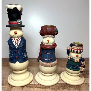 Snowman Candle Holders Set Of 3 Holiday Decor Resin & Metal Christmas
